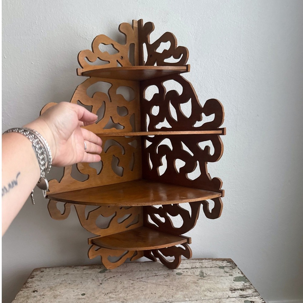 Vintage Handmade Wooden Corner Shelf Fretwork Scrollwork Wall Hanging 4 Tier